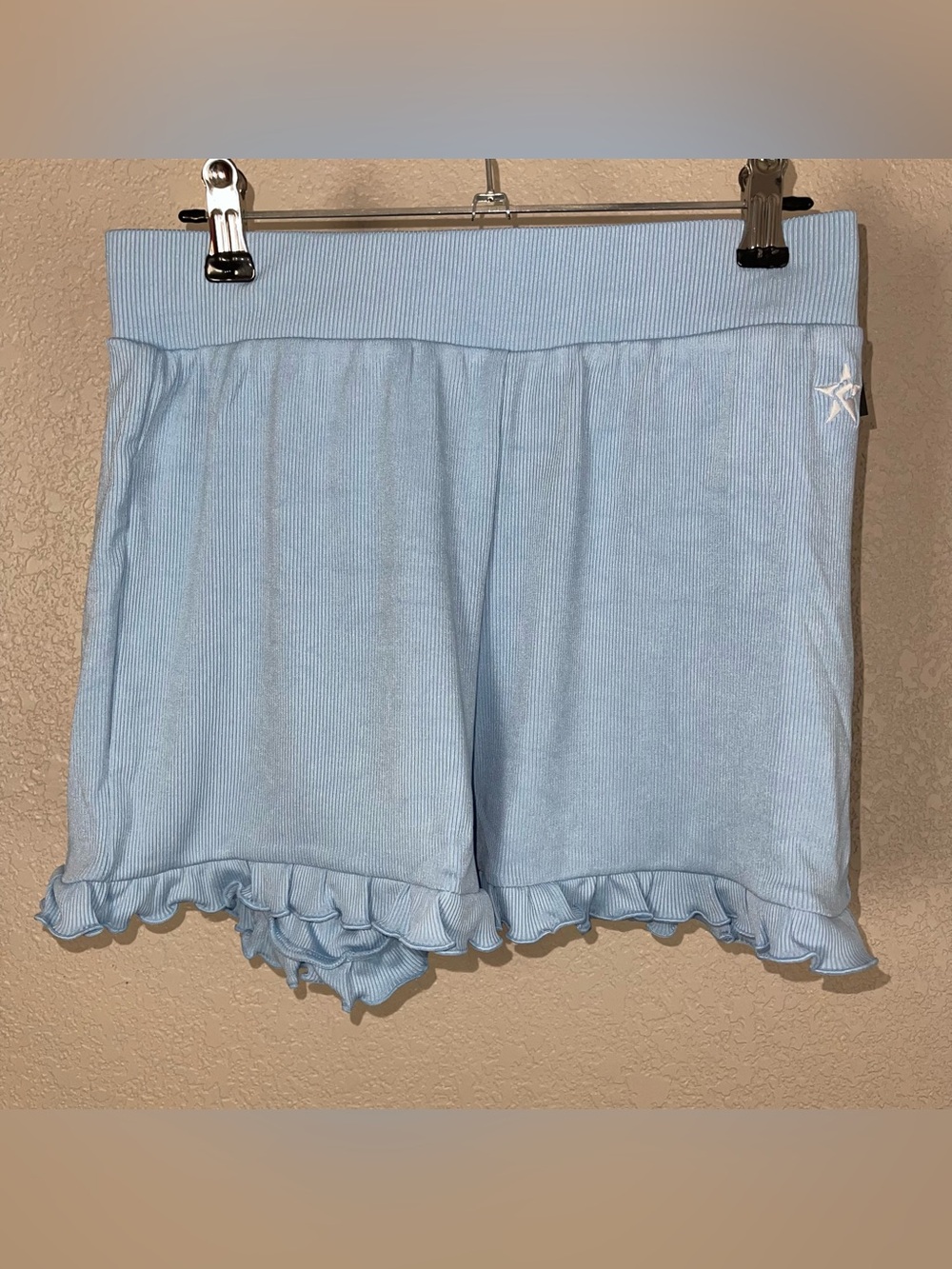 High-Waist Light Blue Ruffle Hem Women's Shorts